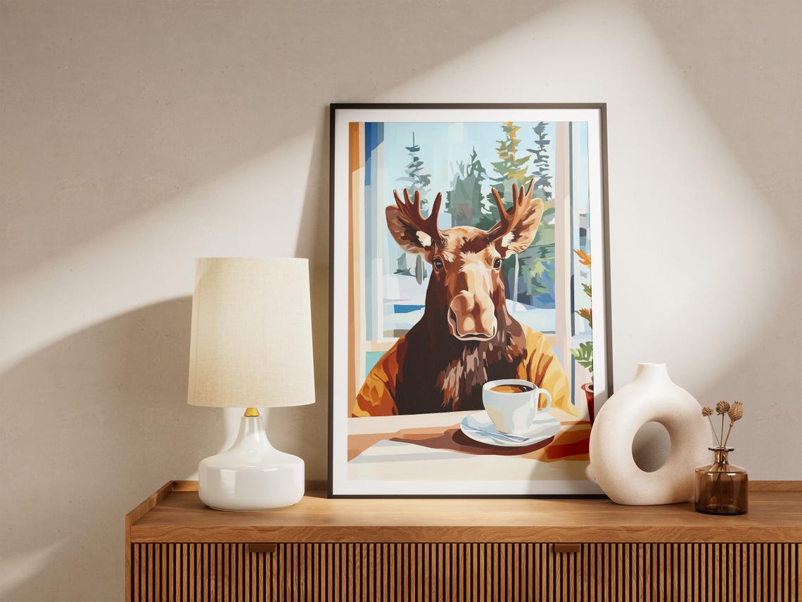 Moose Cafe Art Print Coffee Lover Gift Animal Poster Whimsical Wall Home Decor Funny Illustration Shop - Image 4