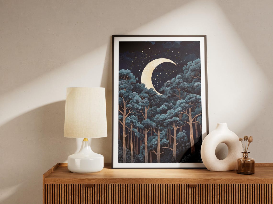 Crescent Moon Rising Over Starry Pine Forest Night Sky Poster - Image 5