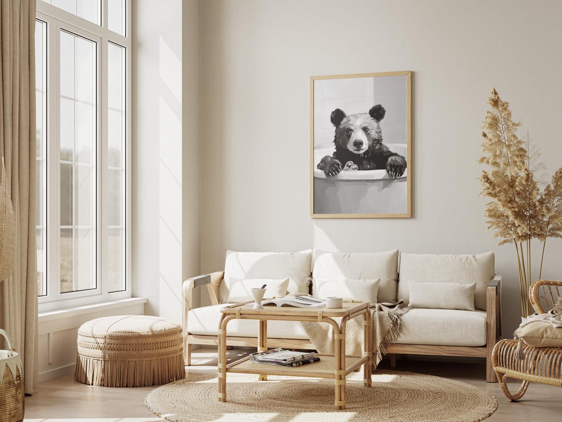 Bear In Bubble Bathtub Black and White Cute Animal Art Poster - Image 3