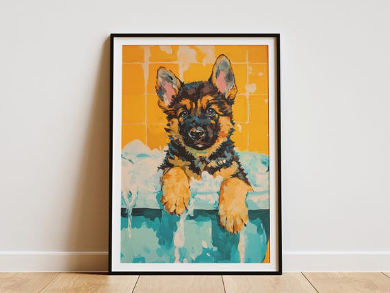 German Shepherd Puppy In Bathtub Art Print Dog Lover Gift Cute Animal Poster Bathroom Wall Decor Pet Portrait Bath