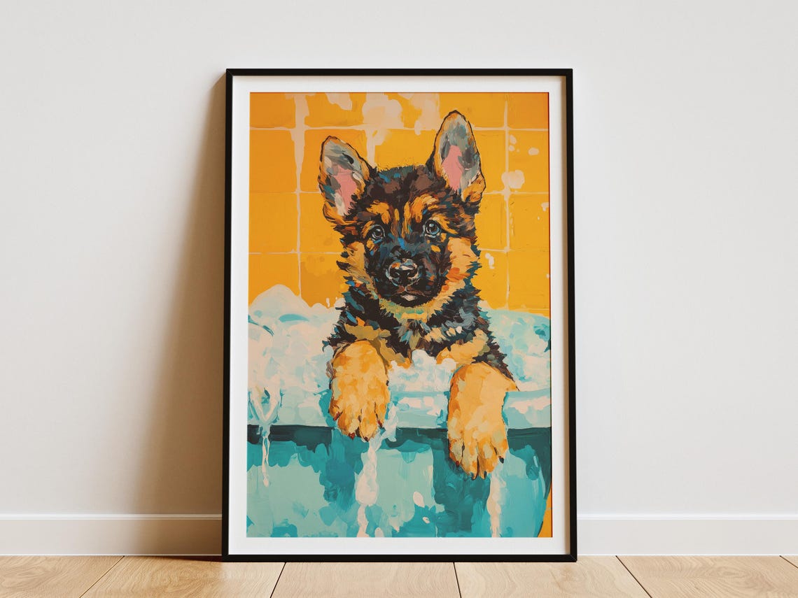 German Shepherd Puppy Bubble Bath Colorful Pop Art Dog Poster