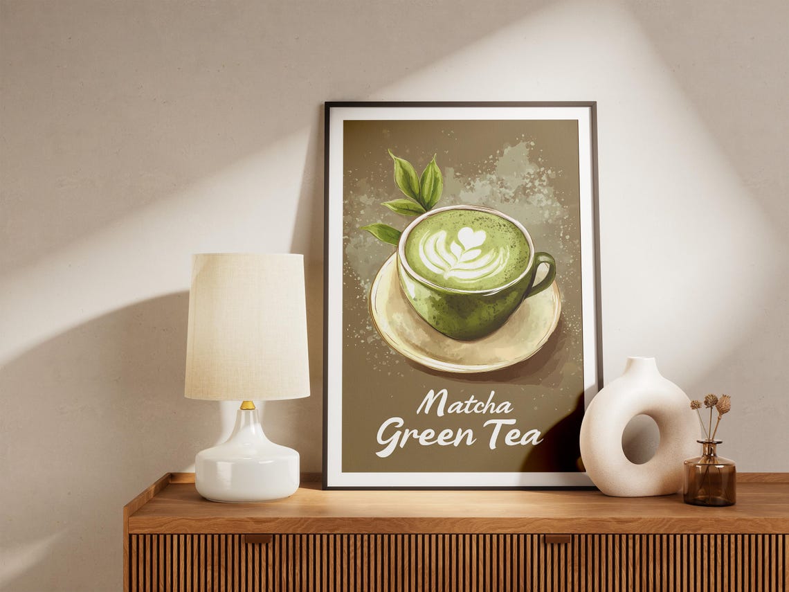 Matcha Green Tea Latte Leaf Latte Art Ceramic Cup Illustration Poster - Image 5