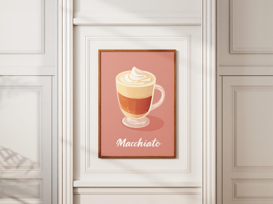 Macchiato Pink Background Layered Coffee Illustration Poster - Image 2