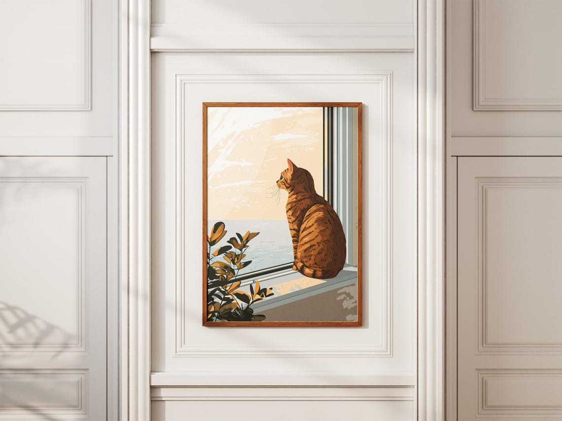 Orange Tabby Cat Gazing Out a Golden Sunset Ocean Window Poster - Image 2