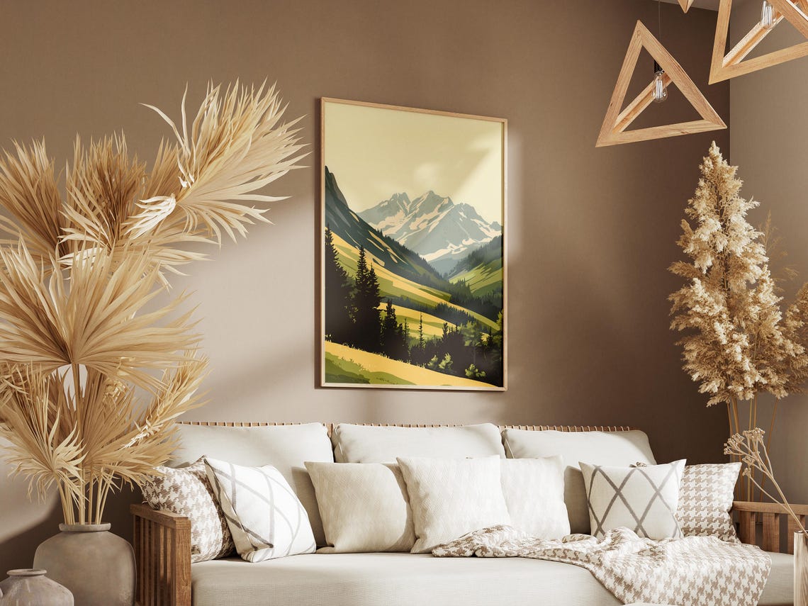 Snowcapped Ridge Green Valley Pine Forest Hazy Mountain Poster - Image 3