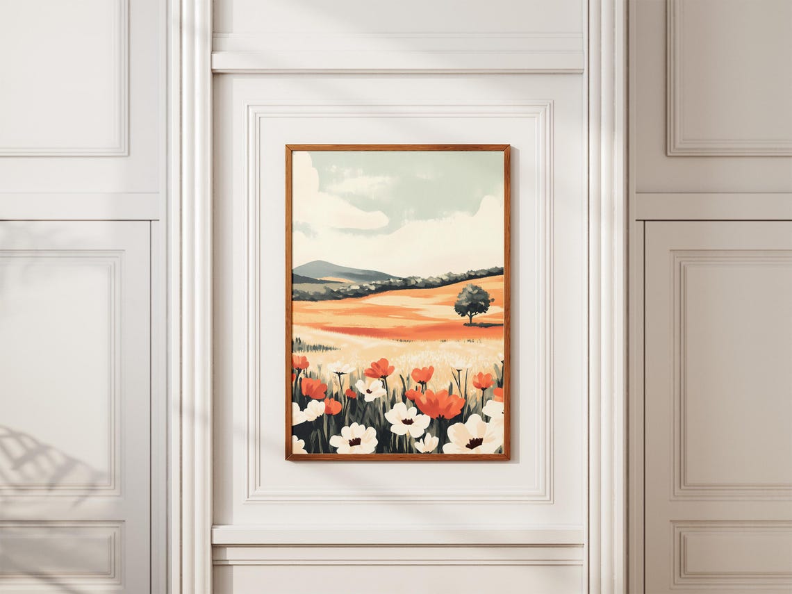 Red and White Poppies in a Golden Rolling Hills Meadow Poster - Image 2