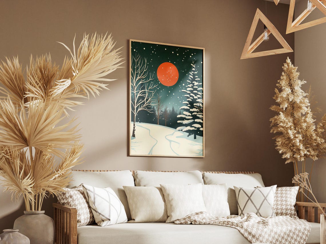 Snowy Winter Forest Under a Red Moon with Falling Snow Poster - Image 3