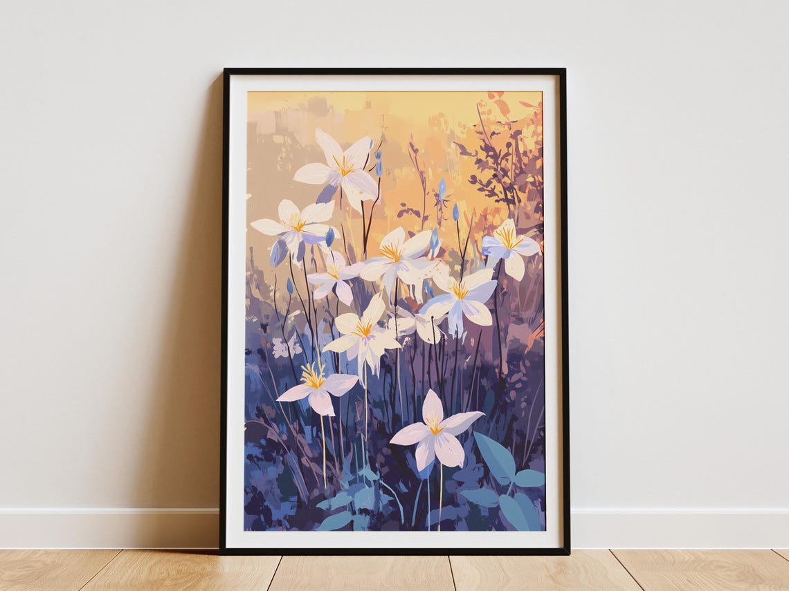 White Columbines Twilight Meadow Dreamy Botanical Flower Poster