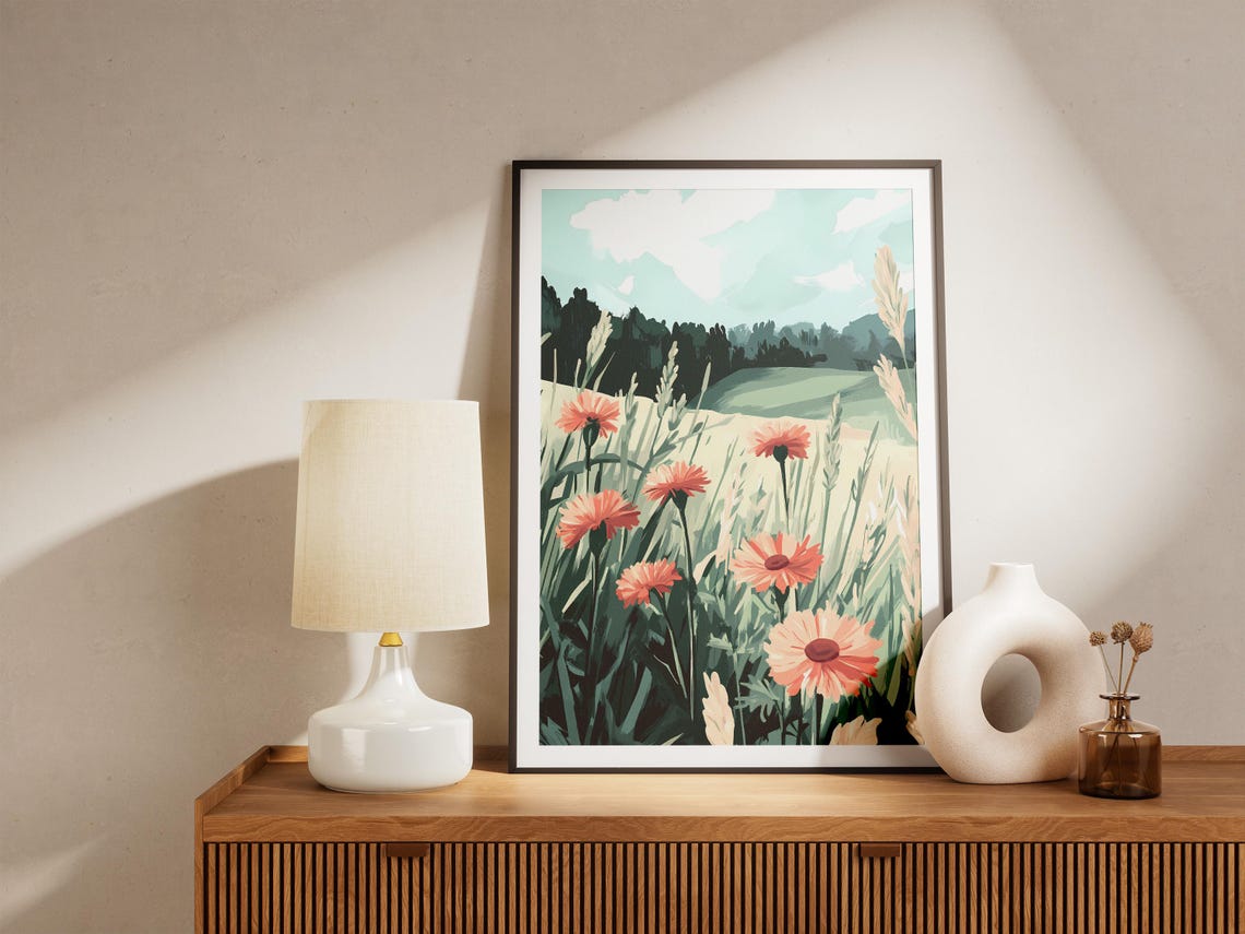 Orange Wildflower Meadow With Distant Rolling Green Hills Poster - Image 5