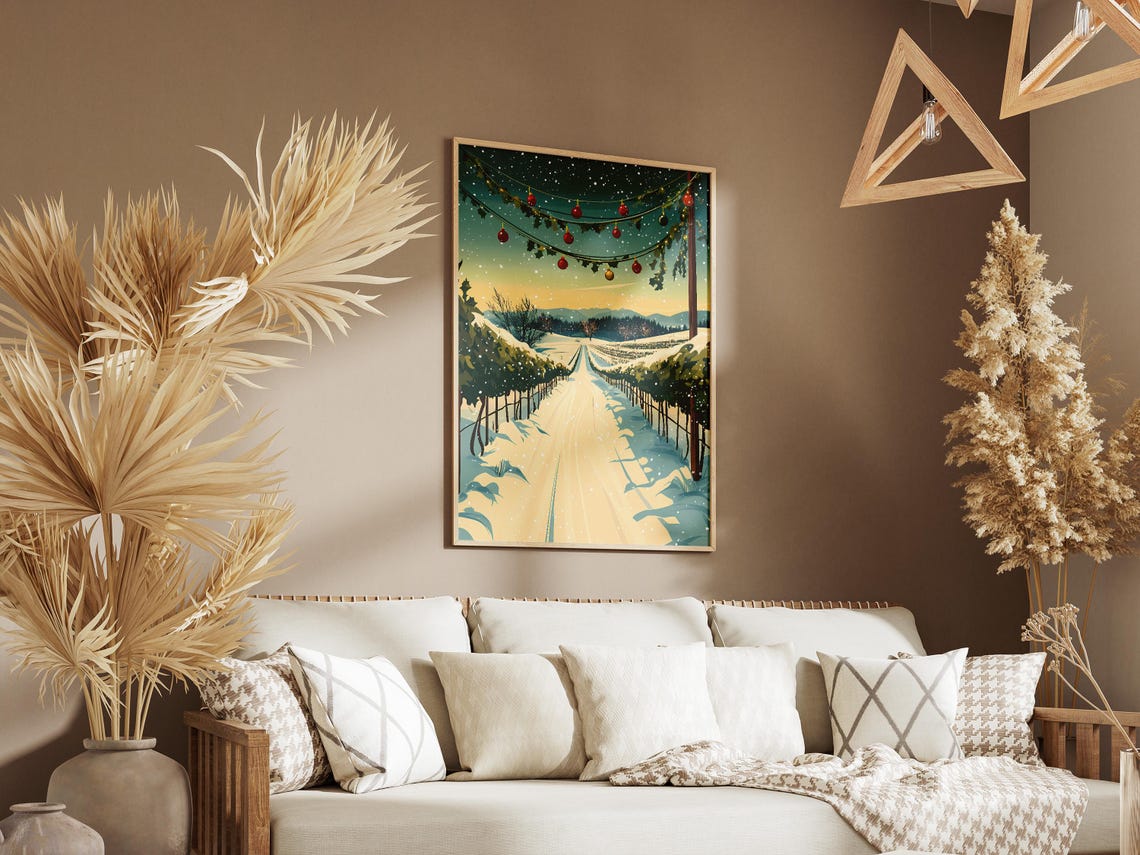 Snowy Vineyard Rows With Christmas Garland Festive Winter Poster - Image 3