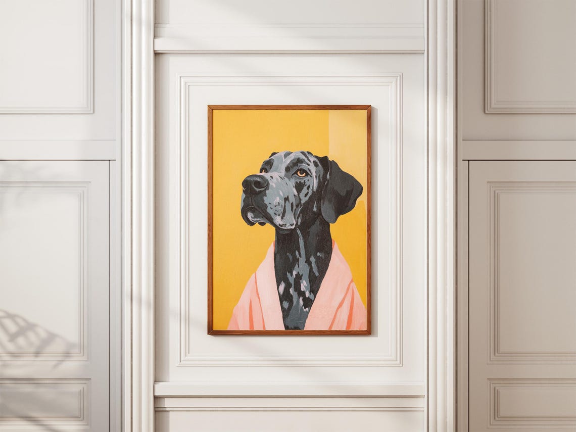 Noble Great Dane in Blush Pink Robe Mustard Yellow Dog Art Poster - Image 2