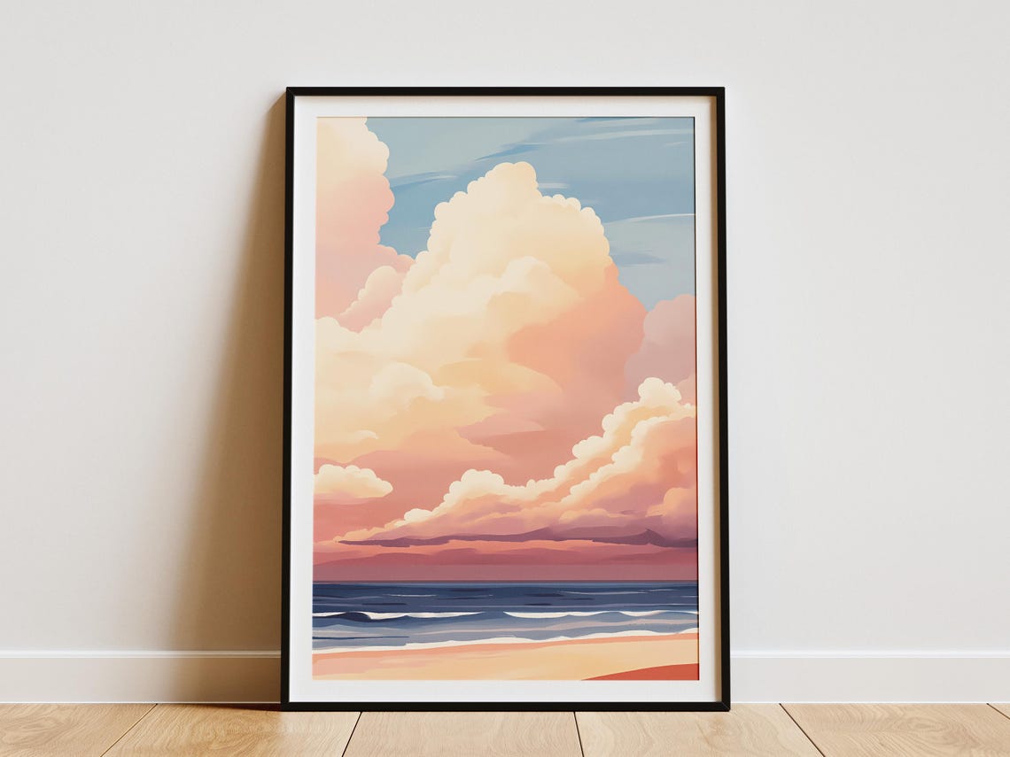 Pastel Clouds Towering Over a Peaceful Sunset Beach Shore Poster