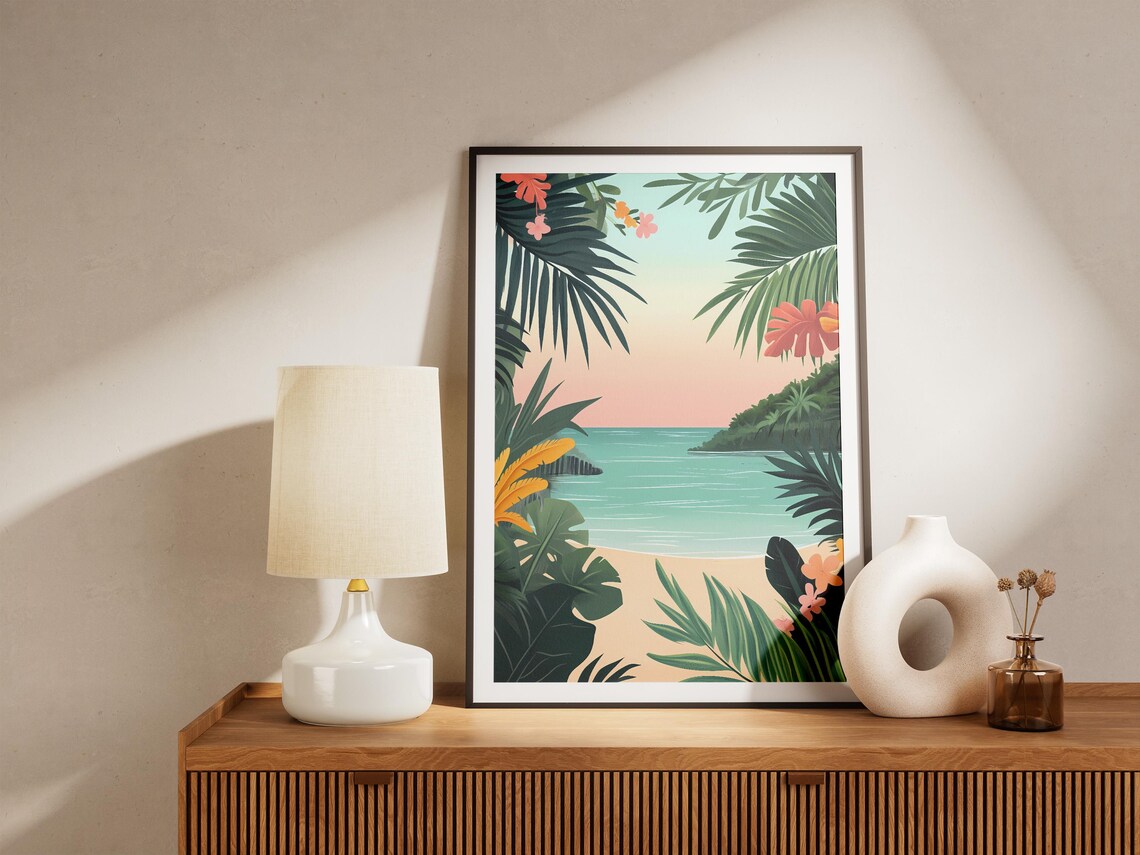 Tropical Cove at Sunset Framed by Palm Leaves Illustration Poster - Image 5