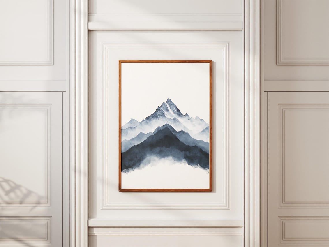 Blue Watercolor Mountain Peak Mist Minimalist Landscape Art Poster - Image 2