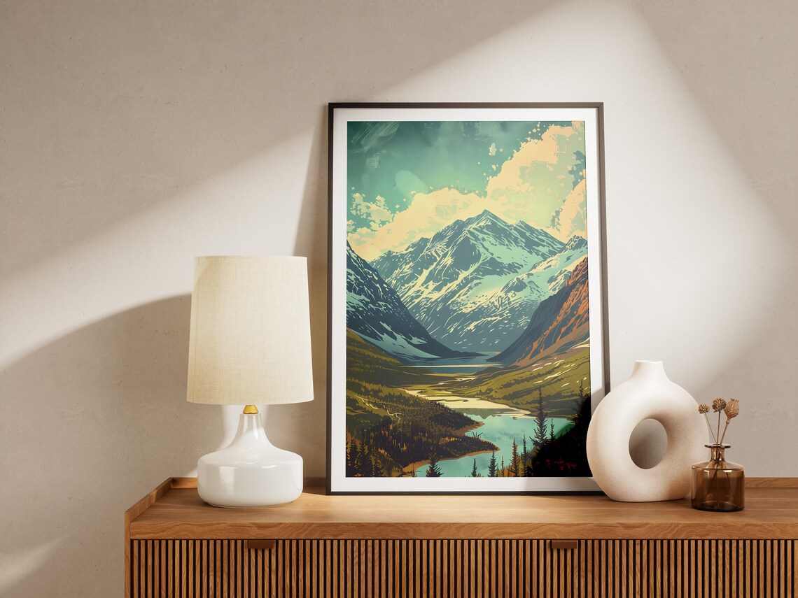 Alaska Mountain Snow Peak Lake Valley Minimalist Travel Poster - Image 2