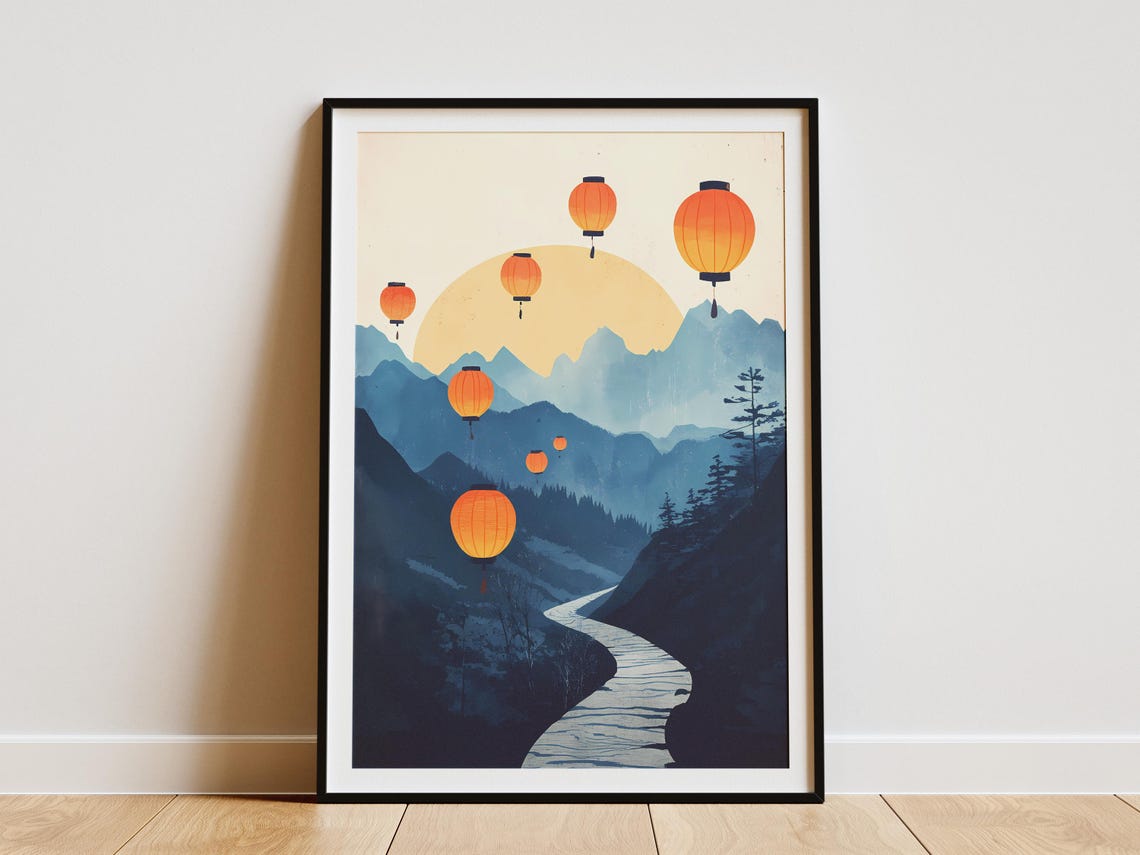 Floating Orange Paper Lanterns Blue Mountain Valley Scene Poster