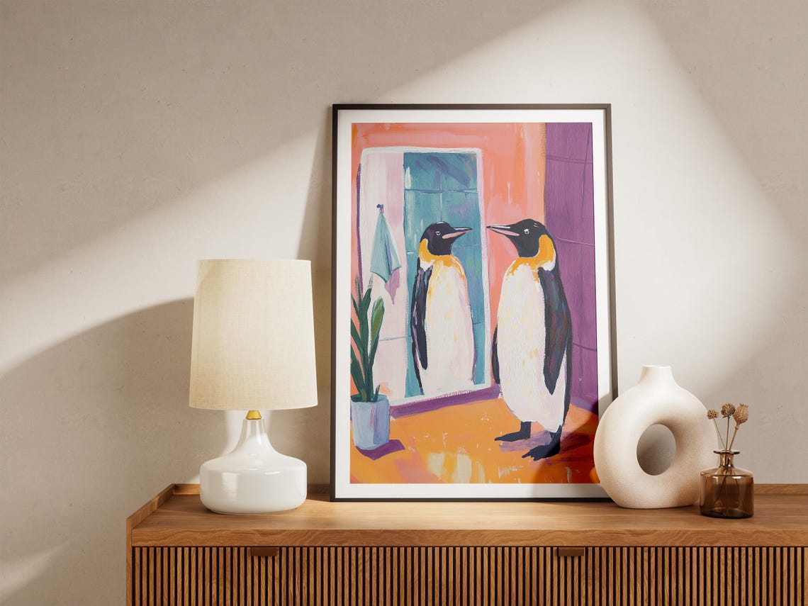 Penguin Admiring Mirror Colorful Bathroom Animal Humor Poster - Image 5