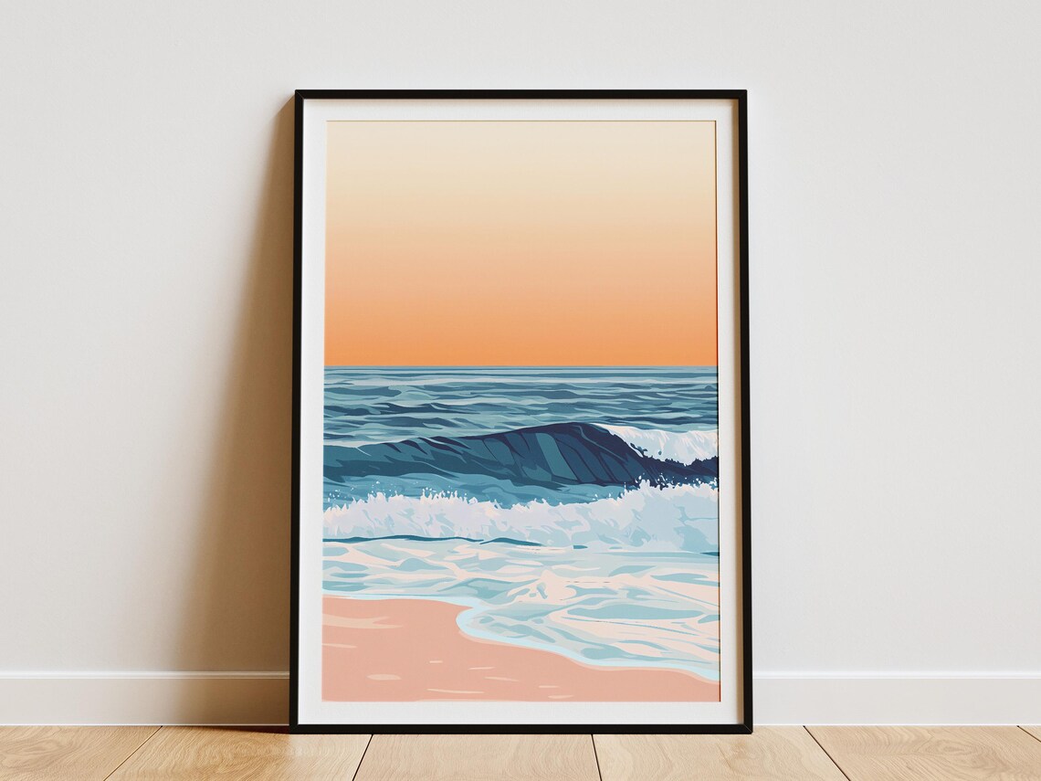 Blue Waves Breaking With Foam on a Pink Sand Beach at Sunset Poster