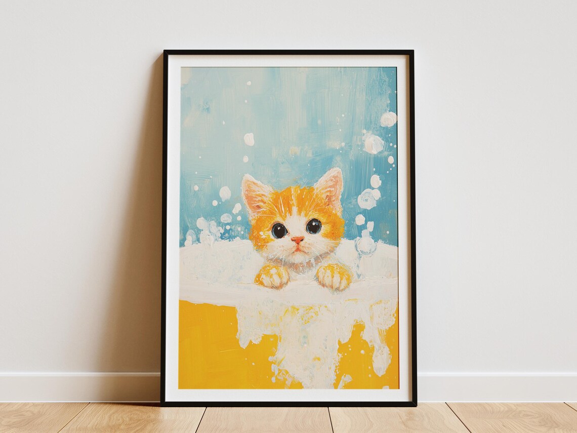 Orange Kitten in Yellow Foamy Bathtub Funny Cute Cat Art Poster