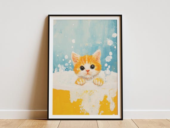 British Shorthair Kitten Art Print Cute Animal Poster Foamy Bathtub Wall Cat Lover Gift Nursery Decor Playful Illustration