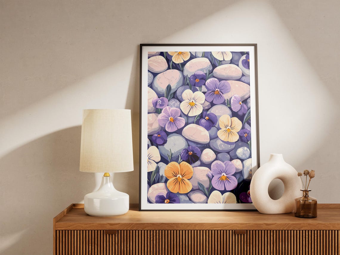 Pansy Flowers Among Pebbles Purple White Yellow Bloom Poster - Image 5