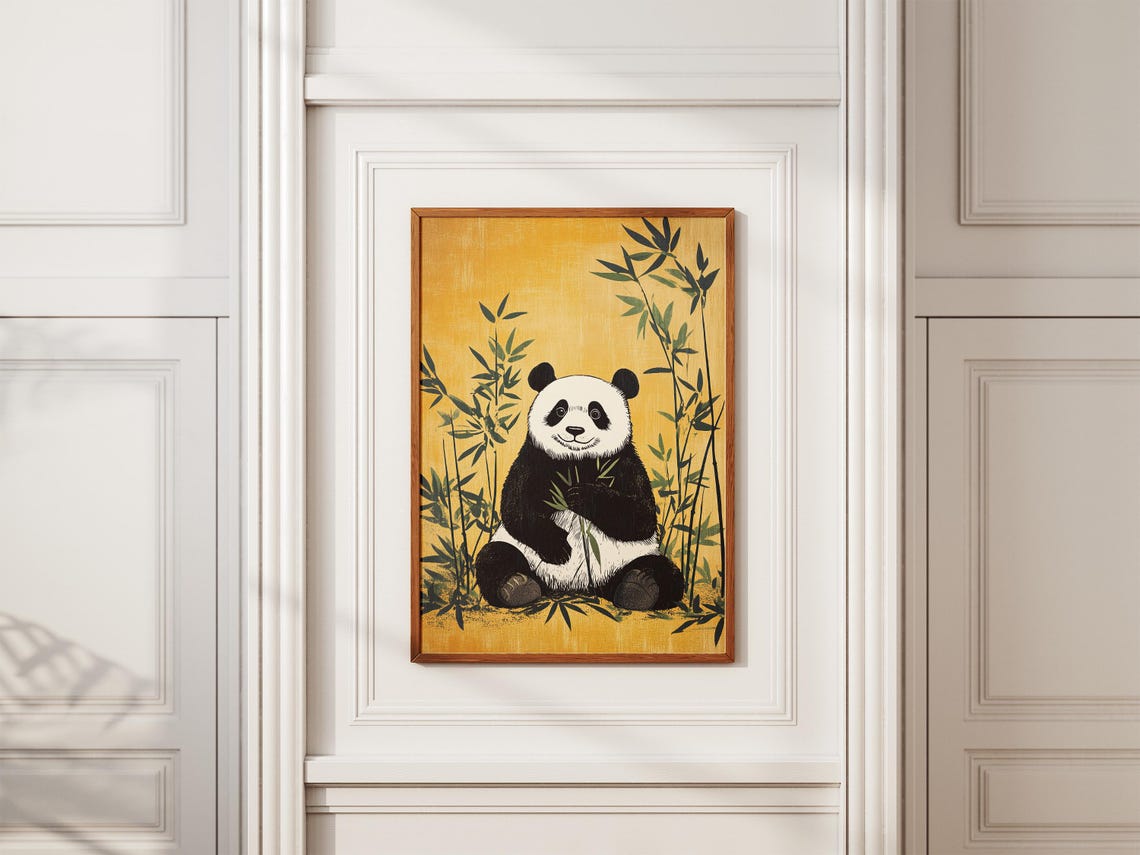 Smiling Panda Eating Bamboo Shoots on Golden Background Art Poster - Image 2
