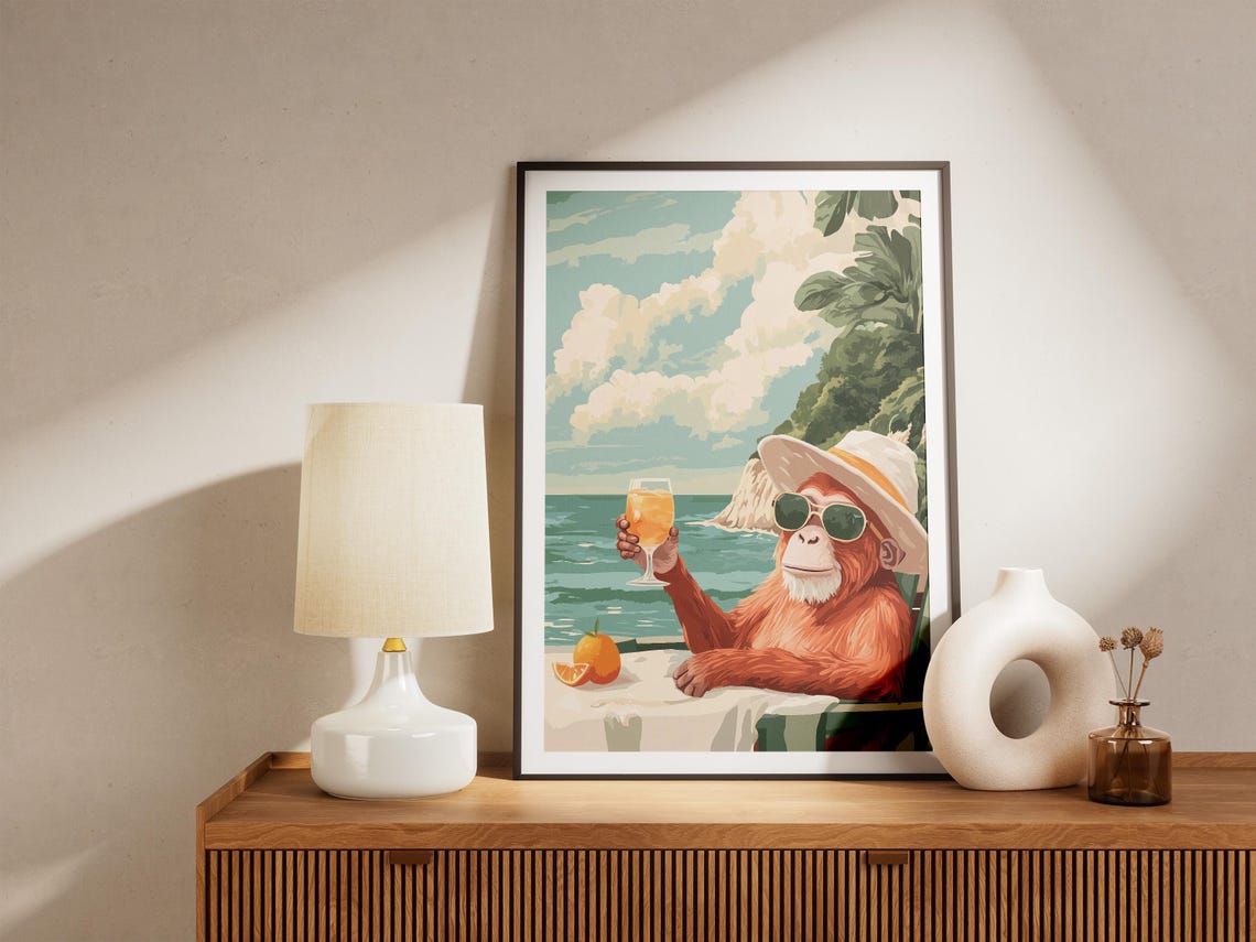 Orangutan In Sunglasses And Sun Hat Toasting Cocktail Sea Poster - Image 5