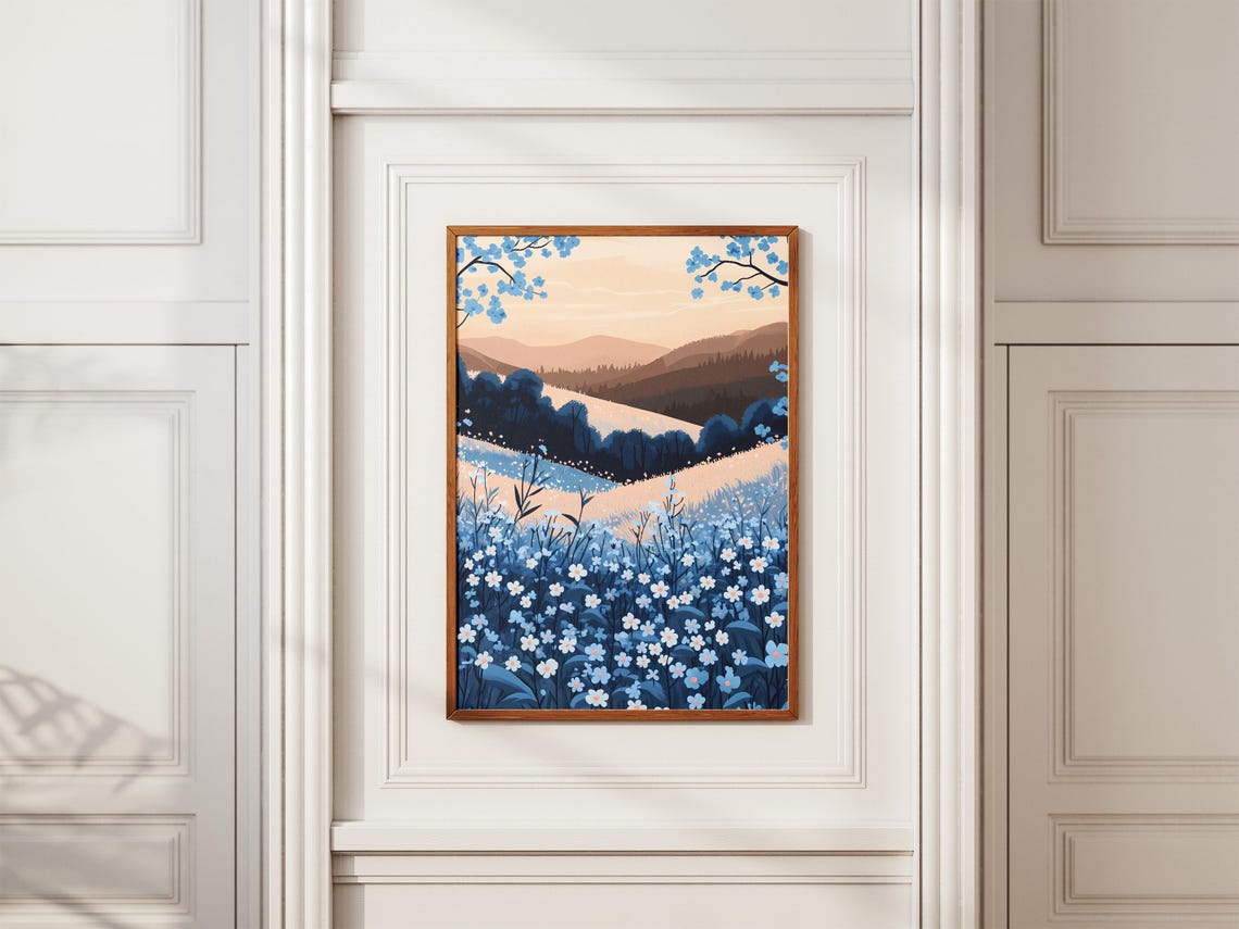 Forget Me Not Meadow Blue Wildflower Valley Dusk Landscape Poster - Image 2