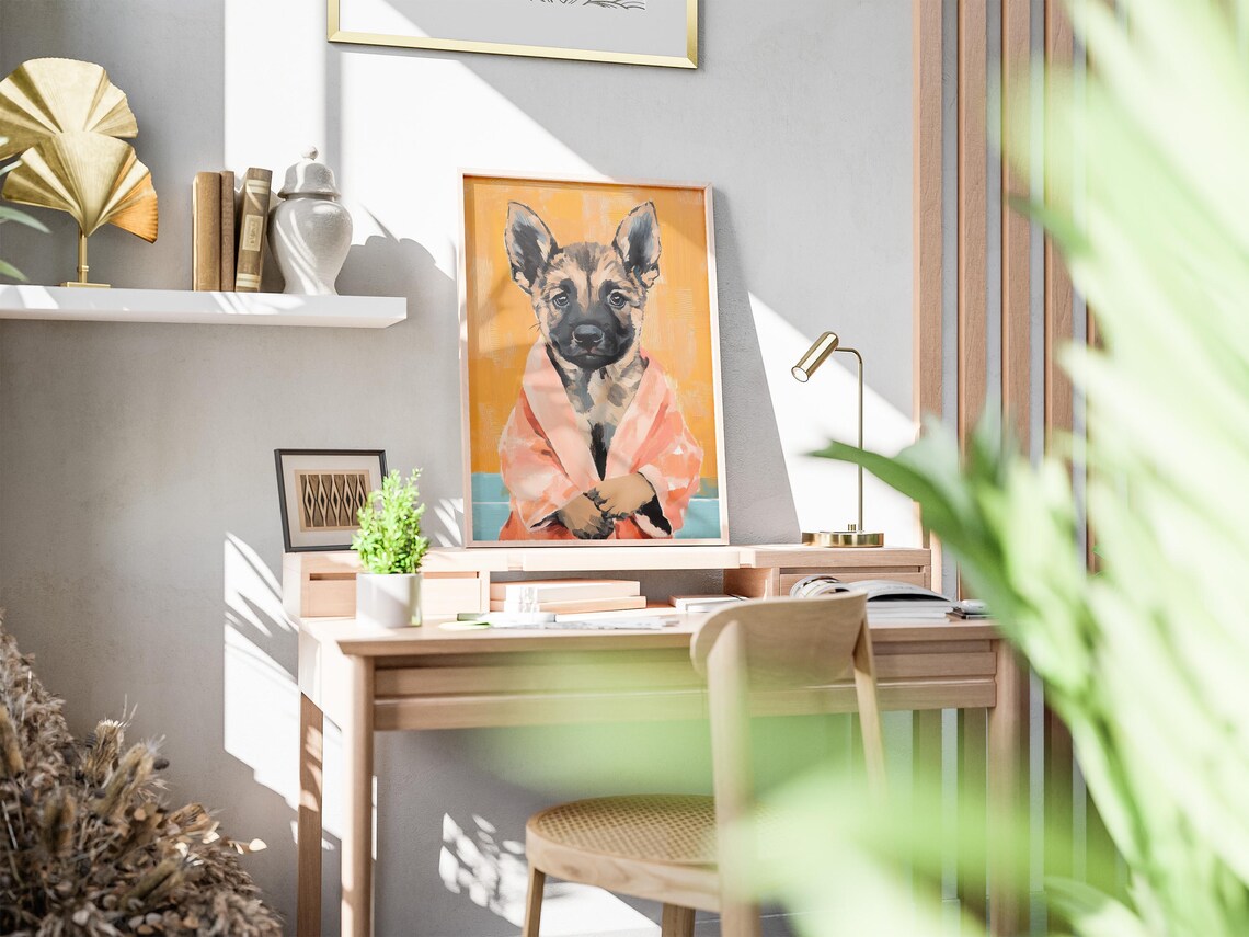 German Shepherd Puppy In Peach Bathrobe Poster Cute Dog Portrait Art - Image 2