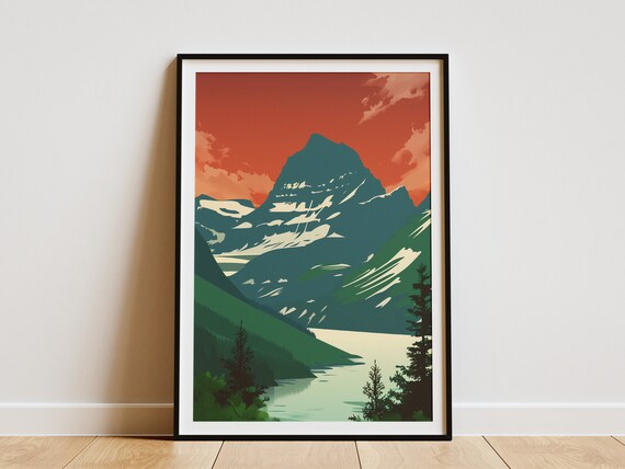 Glacier National Park Snowy Peak Red Sky Minimalist Vintage Travel Poster