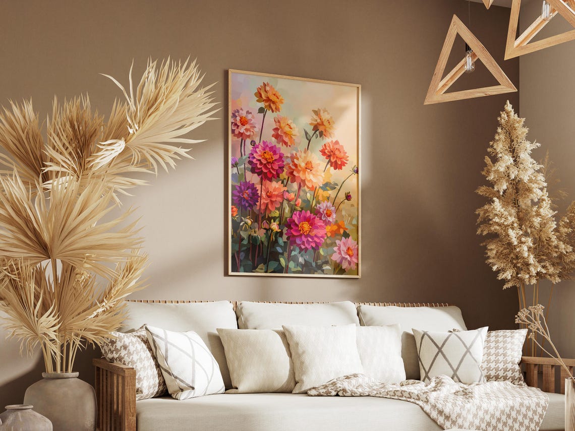 Dahlia Garden Posterfloral Art Printblooming Flowerssummer Gardenbotanical Illustrationcolorful Dahliaspink Flowersorange Dahliaspurple - Image 3