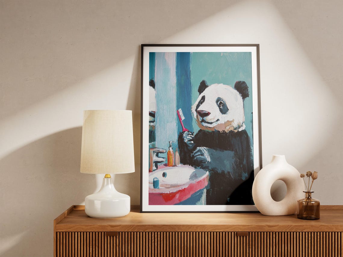 Cute Panda Bathroom Poster Art Print Animal Wall Decor Modern Funny Illustration With Toothbrush Whimsical - Image 4