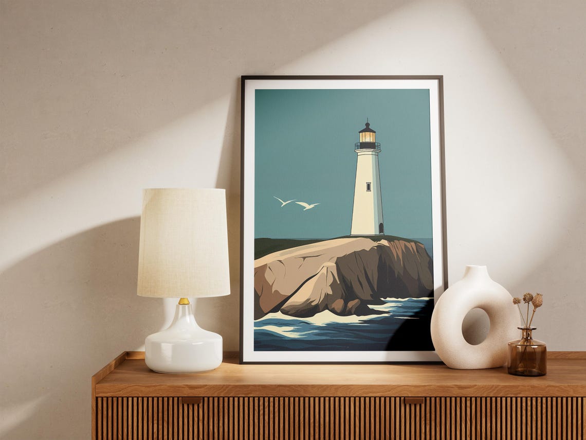 Lighthouse Poster Coastal Art Print Ocean View Wall Decor Modern Home Decor Nautical Illustration Cliffside Lighthouse Beach Hous - Image 5