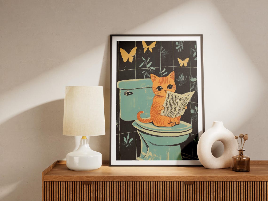 Orange Kitten Reading Newspaper on Toilet Butterfly Art Poster - Image 4