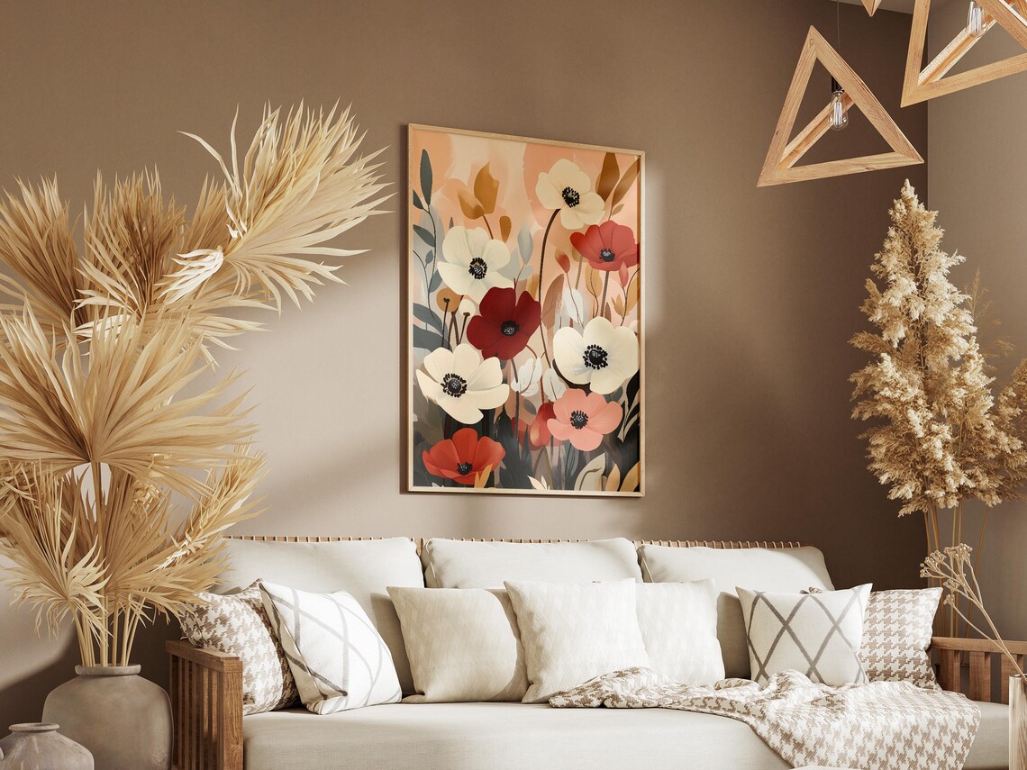 Bohemian Red White Coral Anemone Flower Meadow Botanical Art Poster - Image 3