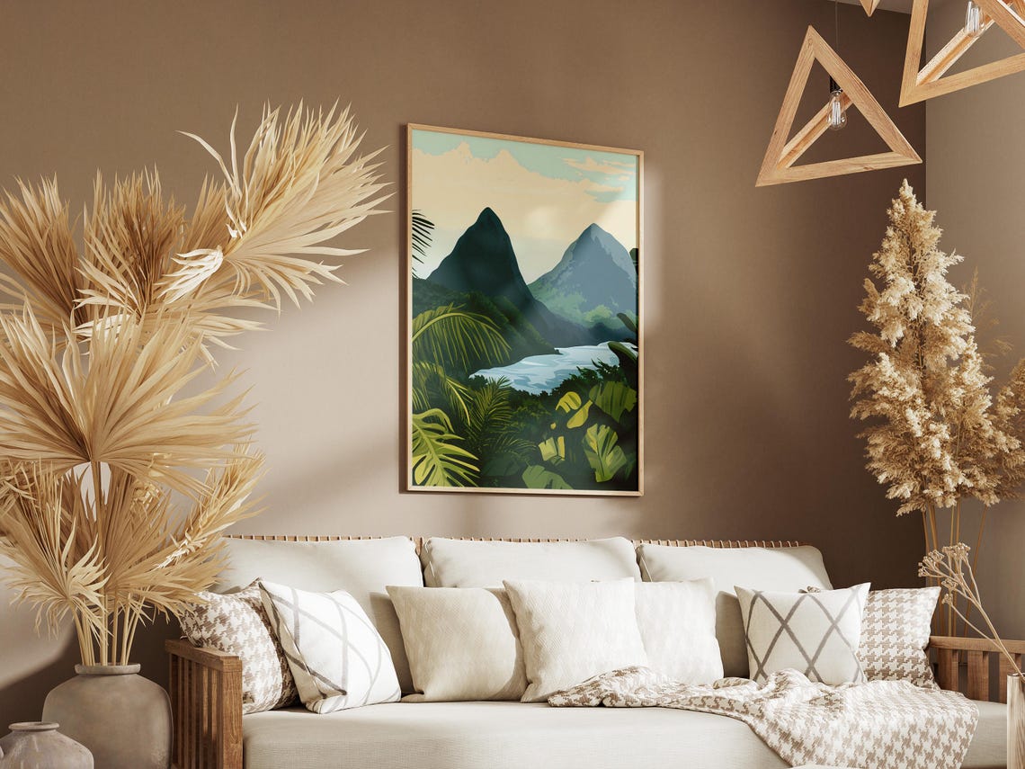 Twin Volcanic Peaks Tropical Lake Jungle Foliage Nature Poster - Image 3