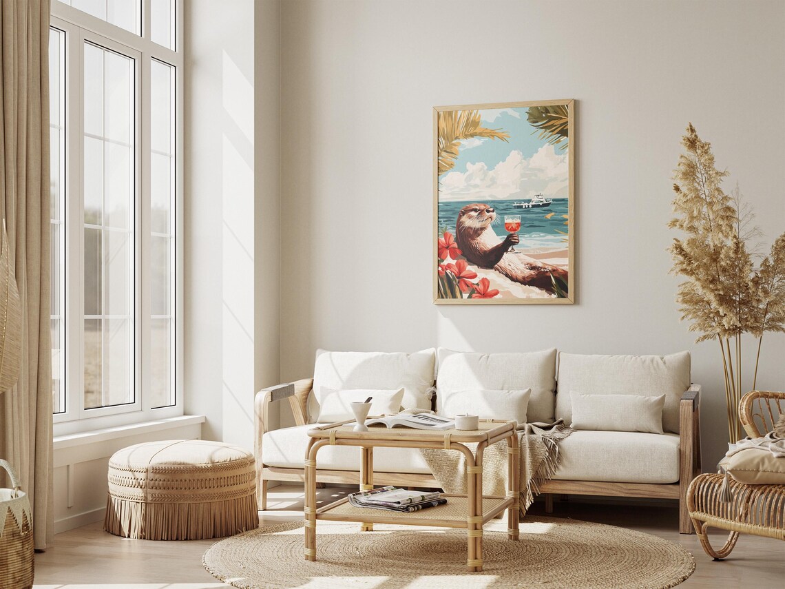 Beach Otter Holding a Glass of Wine Among Hibiscus Flowers Poster - Image 4