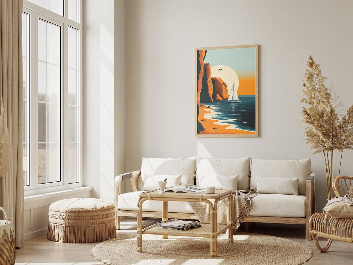 Sunset Sailboat Beside Glowing Orange Sea Cliffs Poster Scenic - Image 4