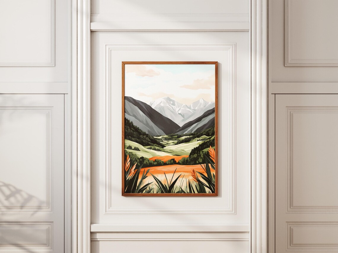 Snowy Mountain Valley With Green Pastures and Golden Field Poster - Image 2