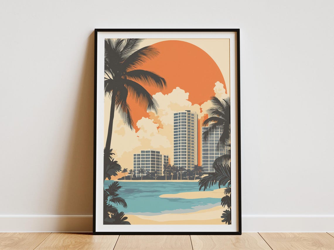 Paradise Island Bahamas Retro Resort Skyline Orange Sun Poster