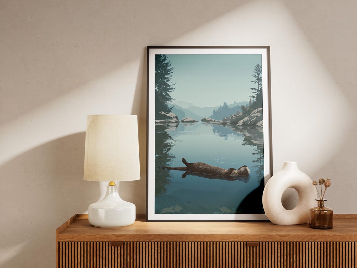 Peaceful Otter Floating River Art Print, Minimalist - Image 4