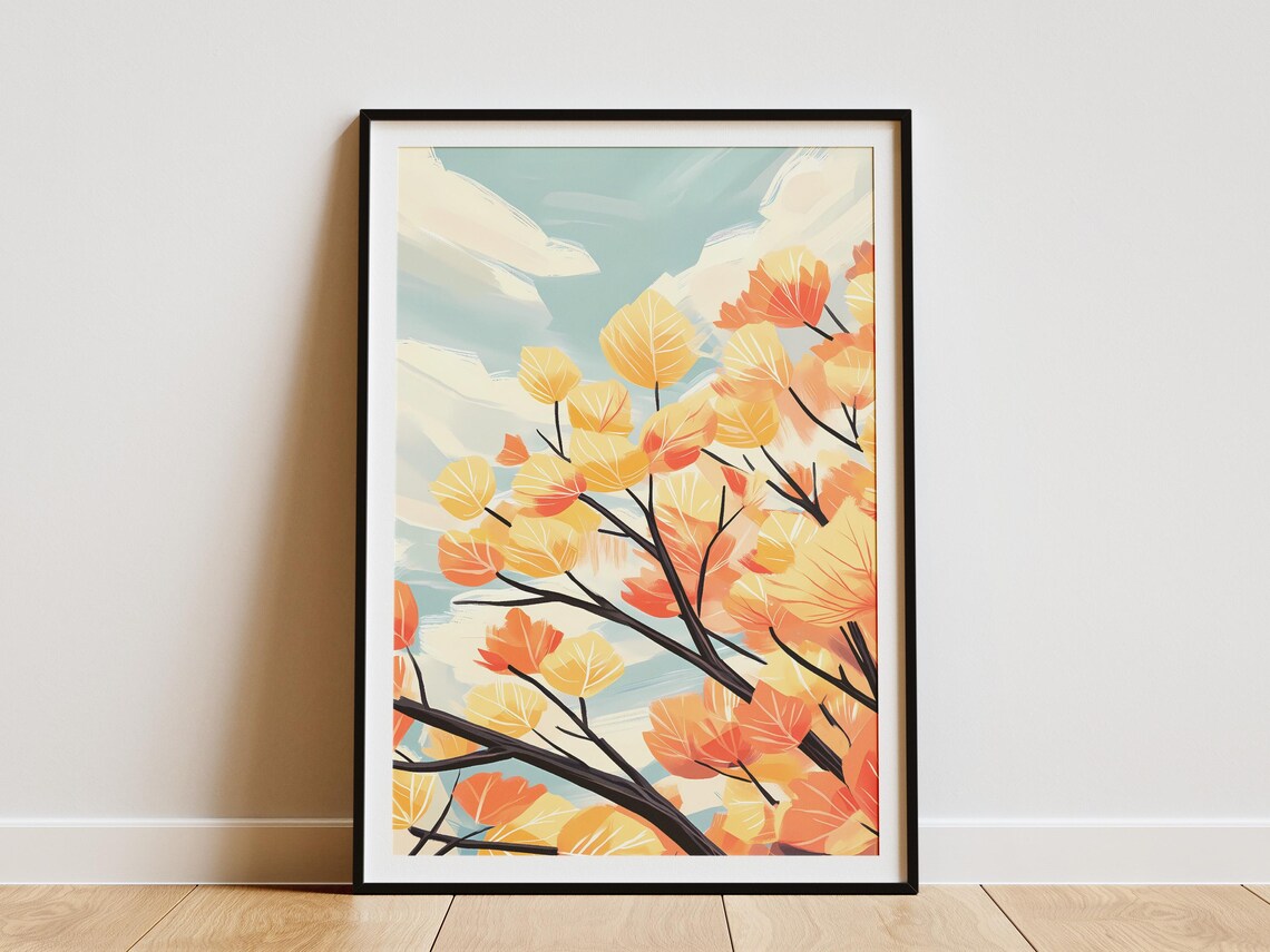 Golden Autumn Leaves Against A Blue Sky Minimalist Botanical Poster