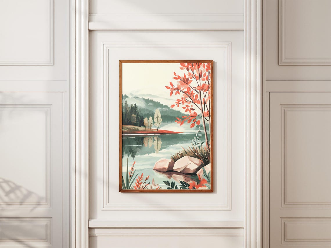 Foggy Autumn Lake Red Foliage Trees Misty Mountain Art Poster - Image 2