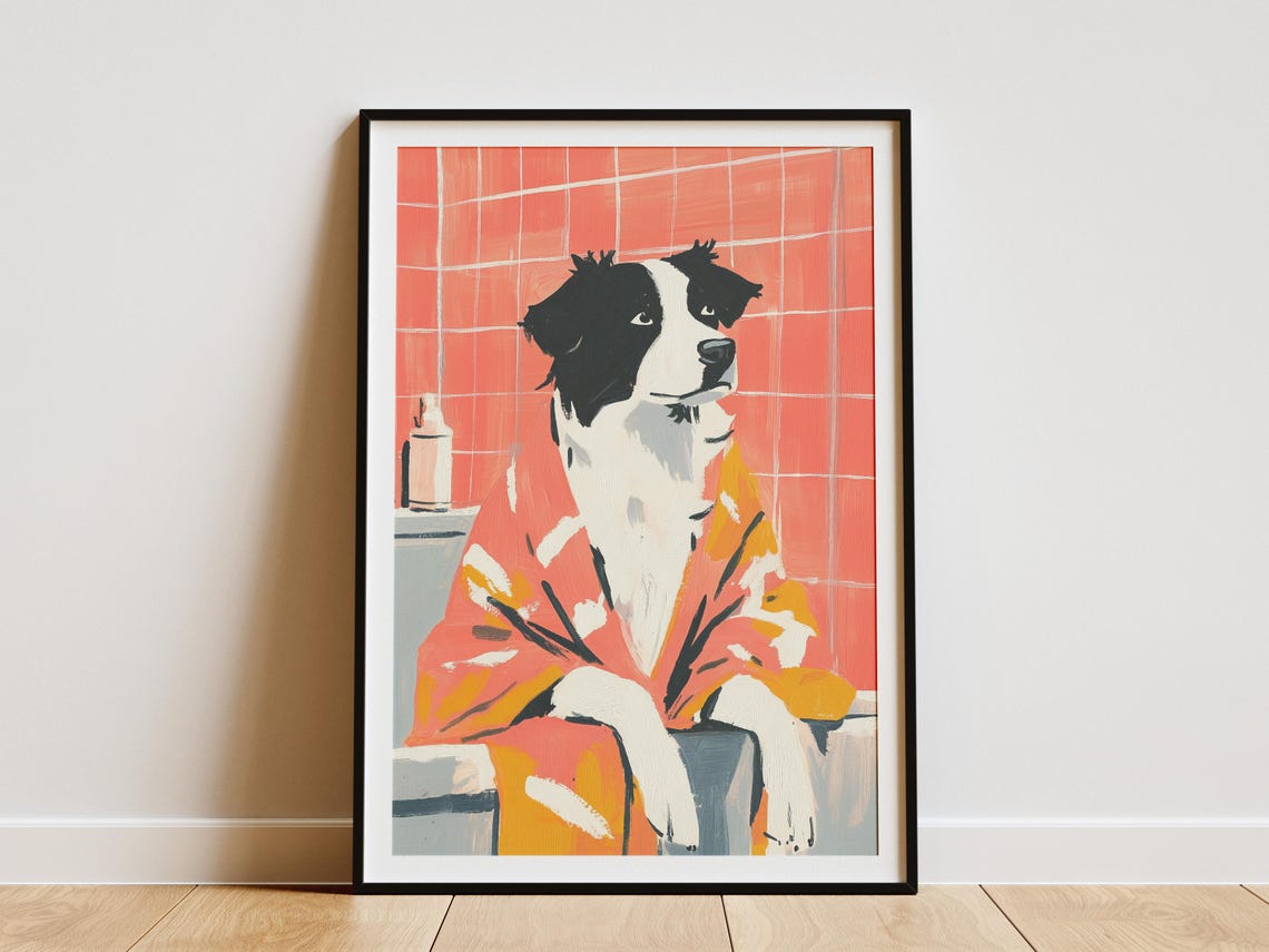 Australian Shepherd Dog Bath Time Poster Print Funny Art Bathroom Wall Decor Pet Portrait Canine Aussie Bathtub
