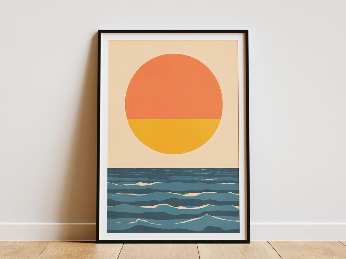Two-Tone Sun over Layered Ocean Waves Mid-Century Modern Poster
