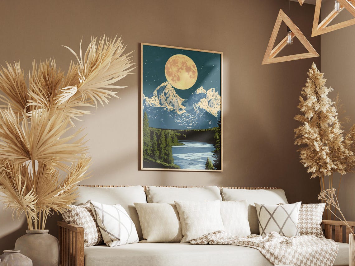 Grand Teton National Park Poster Wyoming Moonlit Landscape Print Mountains Art Vintage Style Travel Nature Photography Wall Decor - Image 3