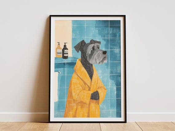 Miniature Schnauzer Dog Bath Time Art Print Funny Animal Poster Bathroom Wall Decor In Robe Cute Canine Pet Lover Gift