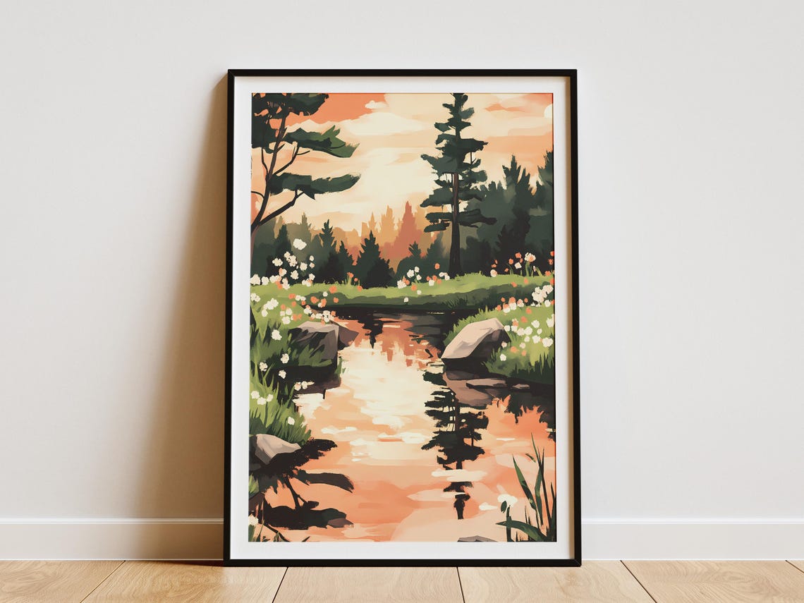 Sunset Pond Reflecting Pine Trees Lined With Wildflowers Poster
