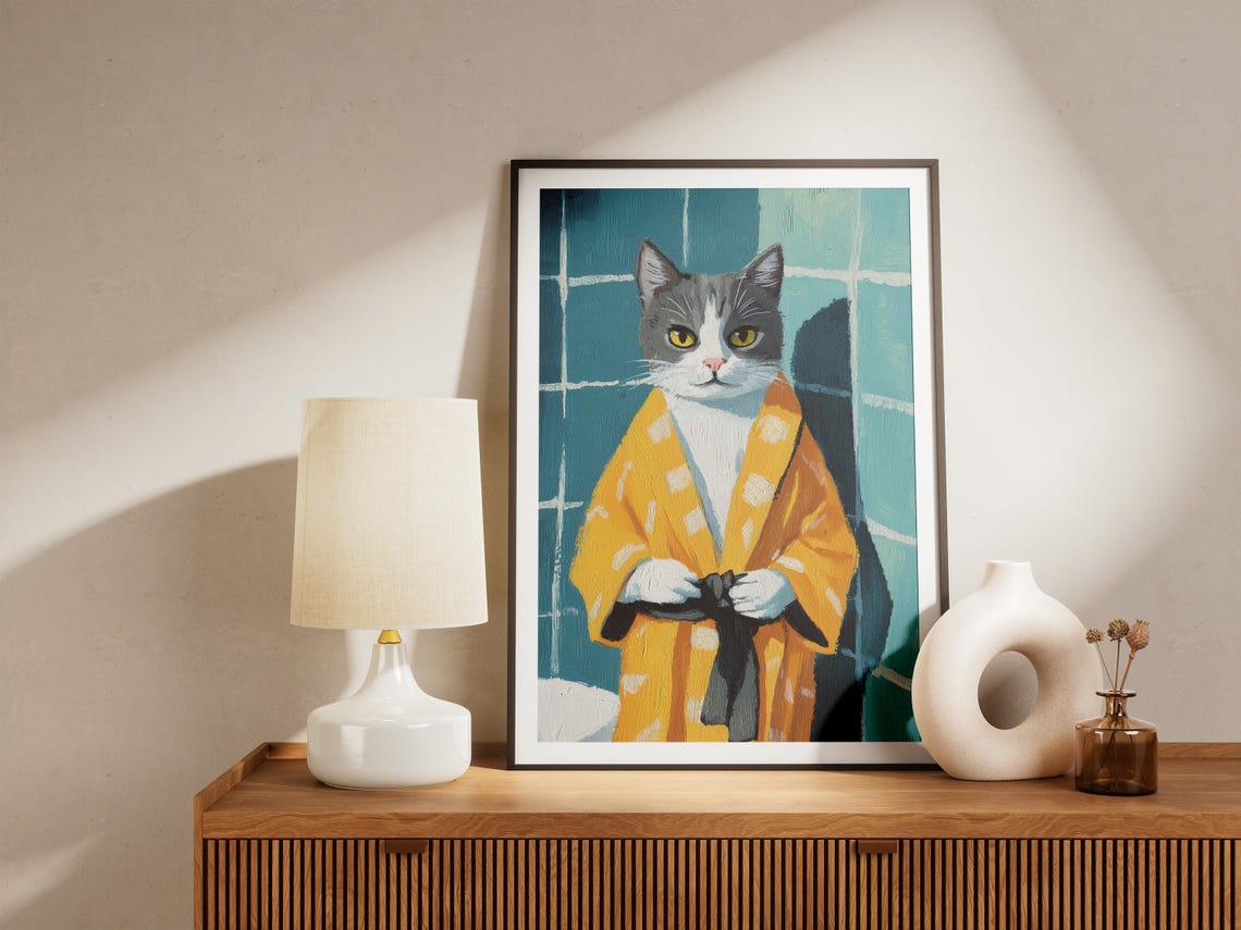Gray Cat in Yellow Bathrobe Blue Bathroom Funny Cat Portrait Poster - Image 5