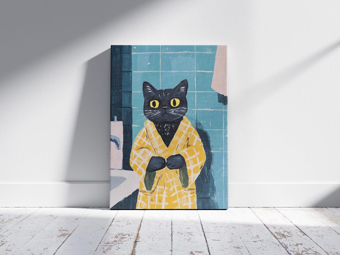 Black Cat Yellow Bathrobe Teal Bathroom Whimsical Art Poster - Image 2